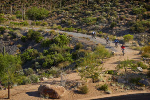 bikers on a trail at desert mountain club, part of the wellness ecosystem