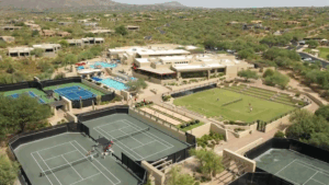 high and wide shot of the tennis courts at desert mountain club, part of the wellness ecosystem