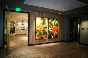 general shot of the spa at desert mountain club, displaying two art pieces of pink and orange flowers on a wall that is dimly lit